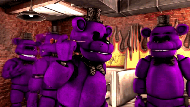 a group of purple teddy bears standing next to each other in front of a brick wall