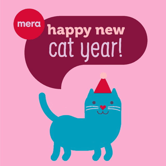 a cat wearing a party hat says happy new cat year on a pink background