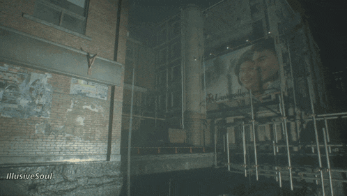 a brick building with a billboard that says ' illusion soul ' on it