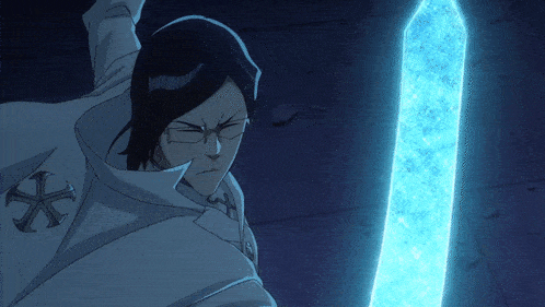 a cartoon character with glasses and a cross on his chest holds a blue sword