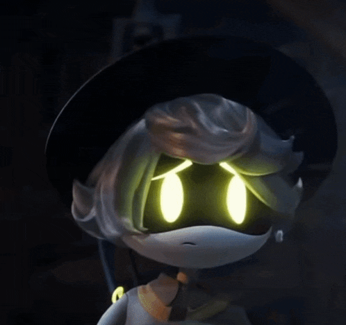 a cartoon character with glowing eyes and a black hat