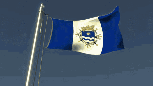 a blue and white flag with a coat of arms in the center