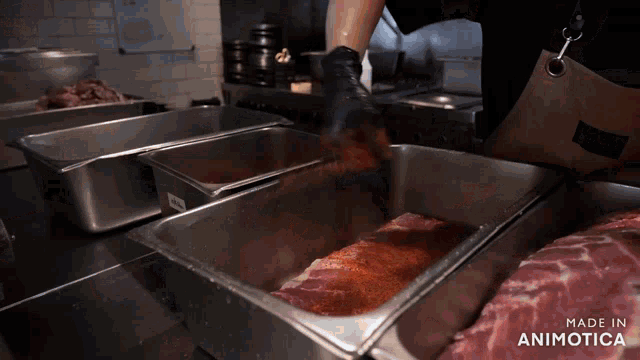a person is preparing meat in a pan that says made in animatica on the bottom