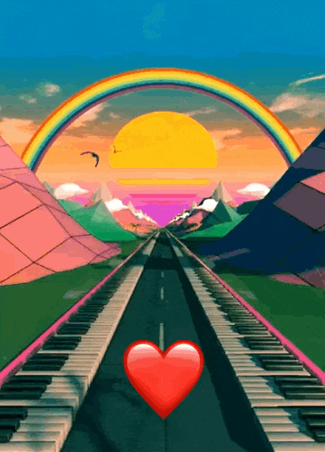 a painting of a road with a rainbow and a heart