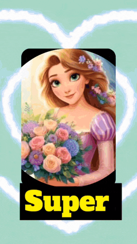 a picture of a girl holding a bouquet of flowers with the word super on the bottom