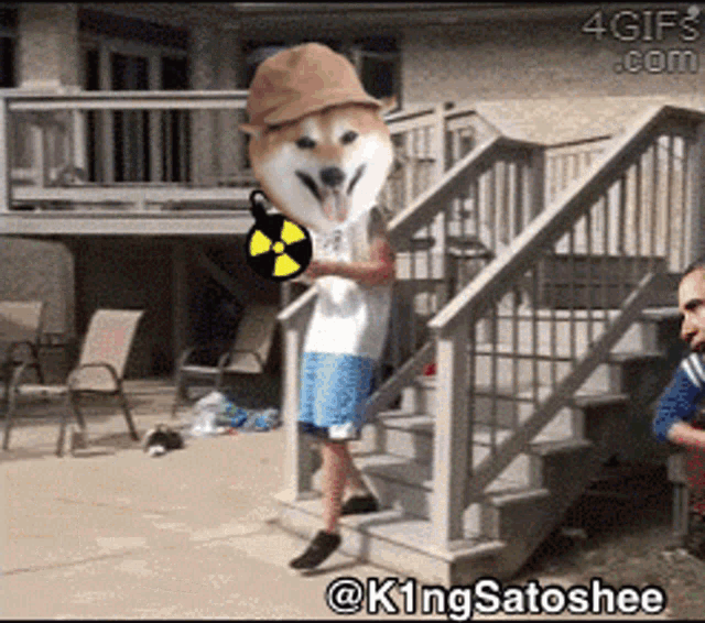 a dog wearing a hat is holding a radioactive sign in front of stairs