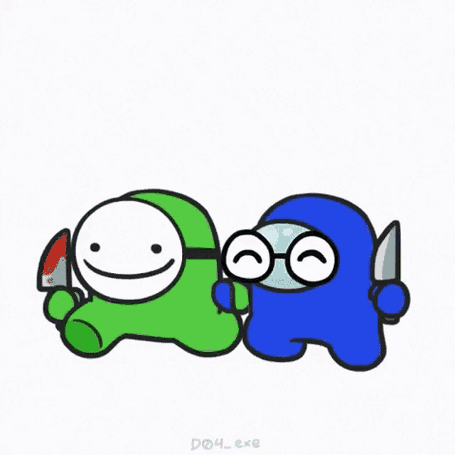 a green and a blue among us character holding a knife .