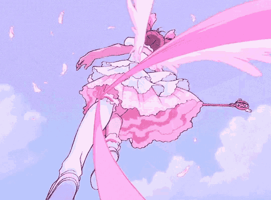a girl in a pink dress flying through the air