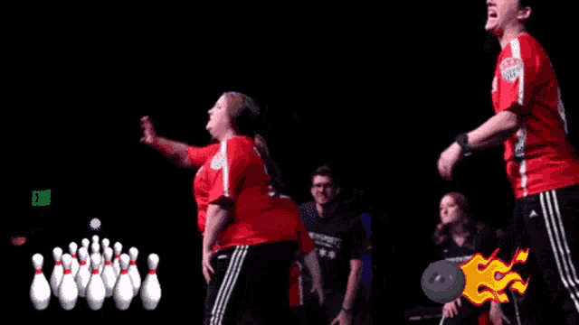 a group of people are playing bowling and one of them is wearing a shirt that says ' bowling ' on the front