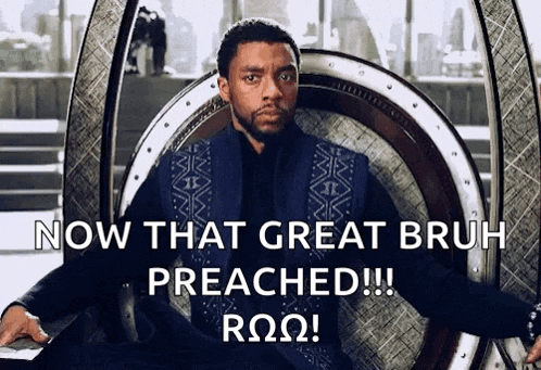 a man is sitting in a chair with the words now that great bruh preached !!! rqq
