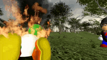 a cartoon character is standing in a field with a fireball coming out of his head