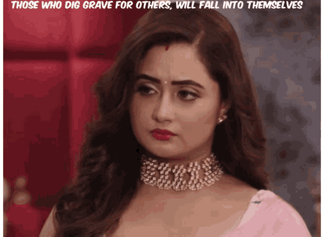 a woman wearing a choker with the words those who dig grave for others will fall into themselves above her