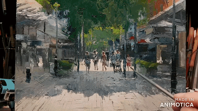 a painting of people walking down a street with the words made in animotica at the bottom