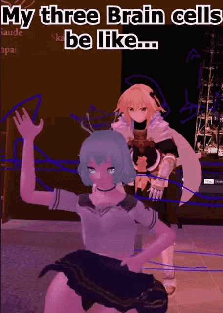 a cartoon character with the words my three brain cells be like