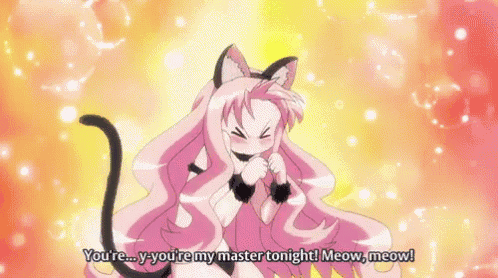 a girl with cat ears is saying you 're my master tonight meow meow