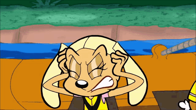 a cartoon character is making a funny face while holding her head