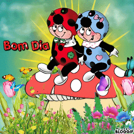 two ladybugs are sitting on a mushroom with the words bom dia written above them