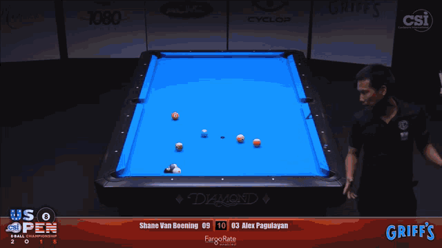 a pool table sponsored by griff 's is shown