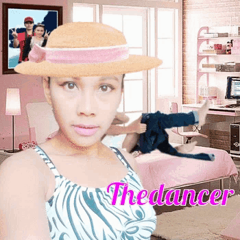 a woman wearing a straw hat is standing in a room with the word the dancer on the bottom right