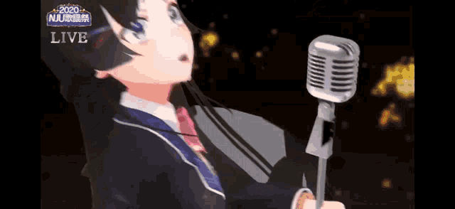 a girl is singing into a microphone with the words live on the bottom right