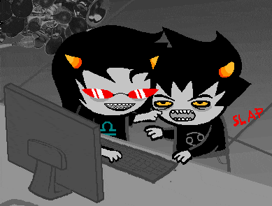 a couple of cartoon characters are sitting in front of a computer screen and one of them is wearing a shirt with the letter c on it