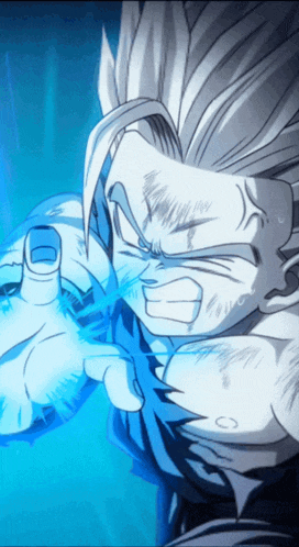 a drawing of a person with white hair holding a blue object