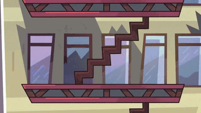 a cartoon drawing of a building with stairs going up and down