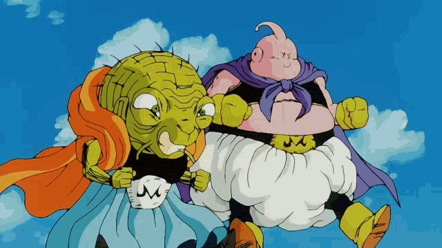 two cartoon characters are flying in the sky and one has a purple cape