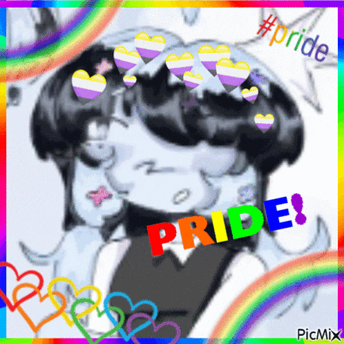 a drawing of a person with hearts on their head and the word pride on the bottom