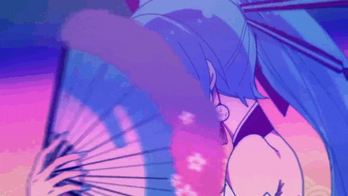 a girl with long blue hair is holding a fan in her hand .