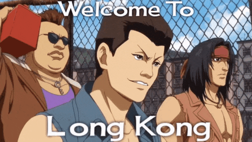 a group of cartoon characters are standing in front of a chain link fence with the words welcome to long kong below them