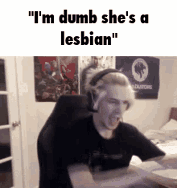 a man wearing headphones is sitting in a chair in front of a computer and talking about being a lesbian .