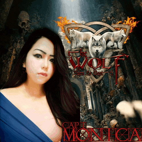 a woman in a blue dress stands in front of a poster for the wolf