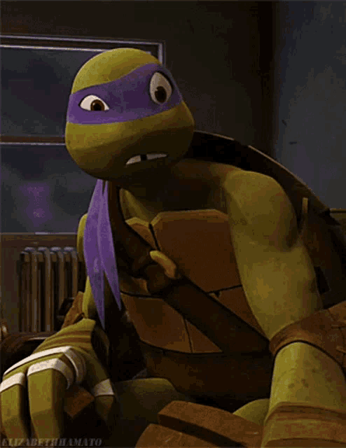 a teenage mutant ninja turtle with a purple bandana around his head