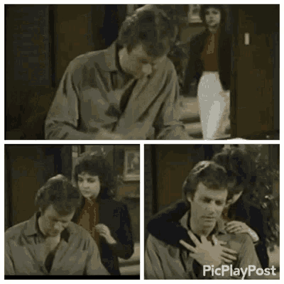 a woman is holding a man 's chest in a collage of three pictures .