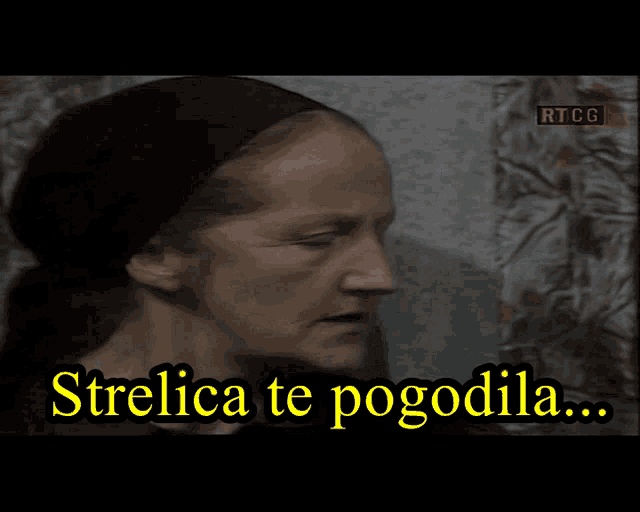 a picture of a woman with the words strelica te pogodila above her