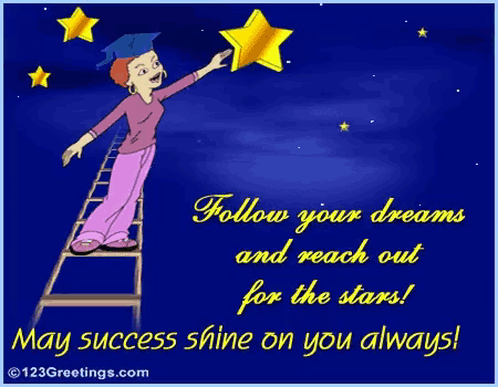 a cartoon of a woman on a ladder reaching for a star with the words follow your dreams and reach out for the stars