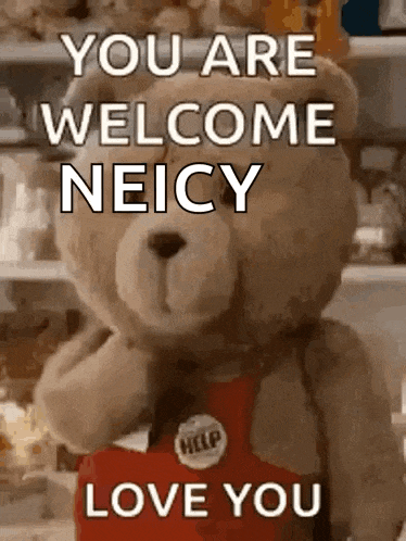 a teddy bear is wearing a red apron and saying `` you are welcome neicy love you '' .