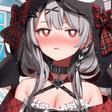 a girl with gray hair and red eyes is wearing a plaid hat and a choker with a heart on it