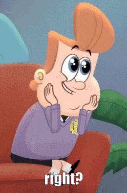 a cartoon character sitting on a couch with the words right written below him