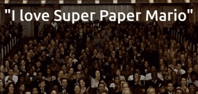a large crowd of people in an auditorium with the words " i love super paper mario " written above them