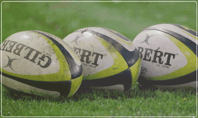 three gilbert rugby balls are sitting on the grass