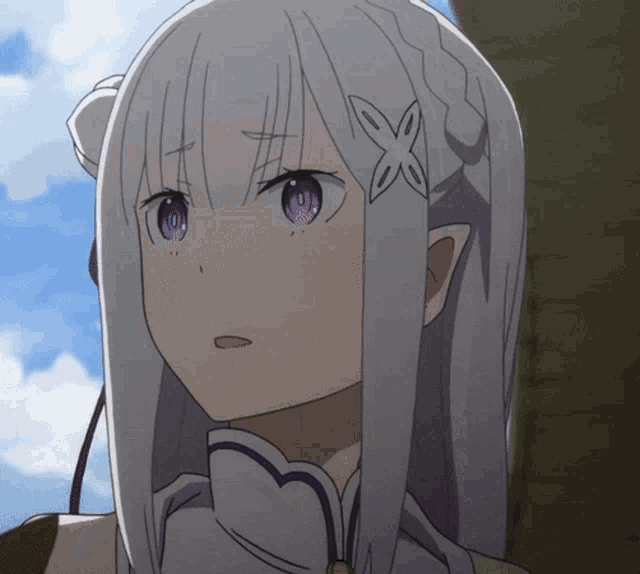 a close up of a girl with purple eyes