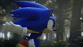 sonic the hedgehog is flying through the air in the woods .