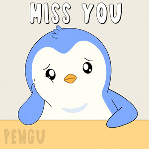 a penguin with a sad look on its face and the words " miss you " below it