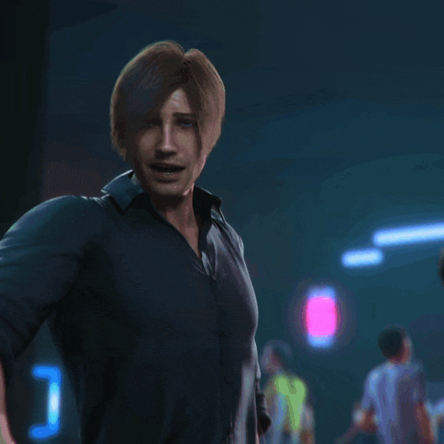 a man in a black shirt stands in a dark room with neon lights