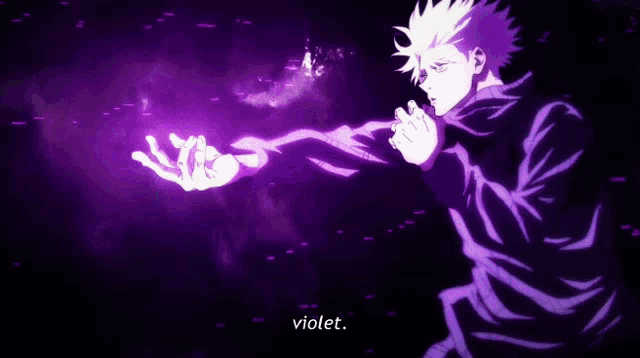 a purple lightning bolt is coming from a person 's hand and the word violet is above it