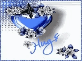 a blue heart surrounded by flowers and the words hugs