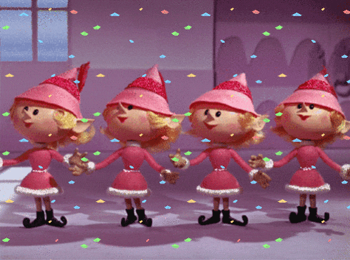 a group of pink christmas elves holding hands