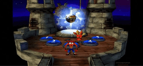 crash bandicoot is standing in front of a tower in a video game